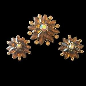 Vintage Signed JUDY LEE Rhinestone Brooch Amber Fall‎ Colors